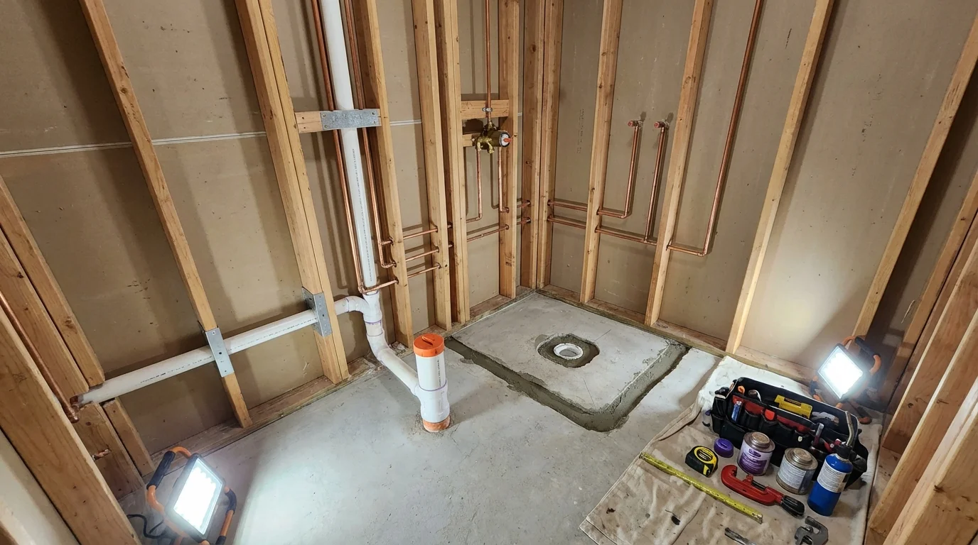 Bathroom rough-in plumbing during remodel by Johns Plumbing LLC in Union Springs