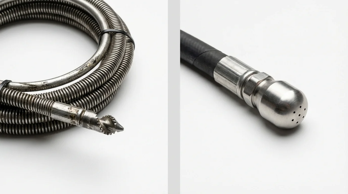 Drain snake cable and hydro jetting nozzle used for drain cleaning in Union Springs, AL