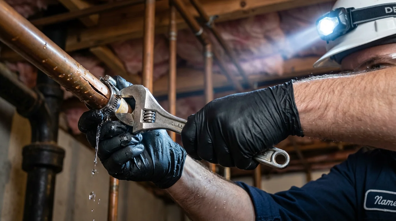 Emergency pipe clamp repair being performed by a Johns Plumbing LLC plumber in Union Springs