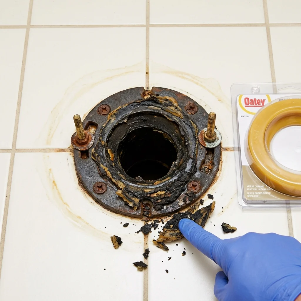 Failed wax ring showing water seepage at the base of a toilet in a Union Springs, AL home