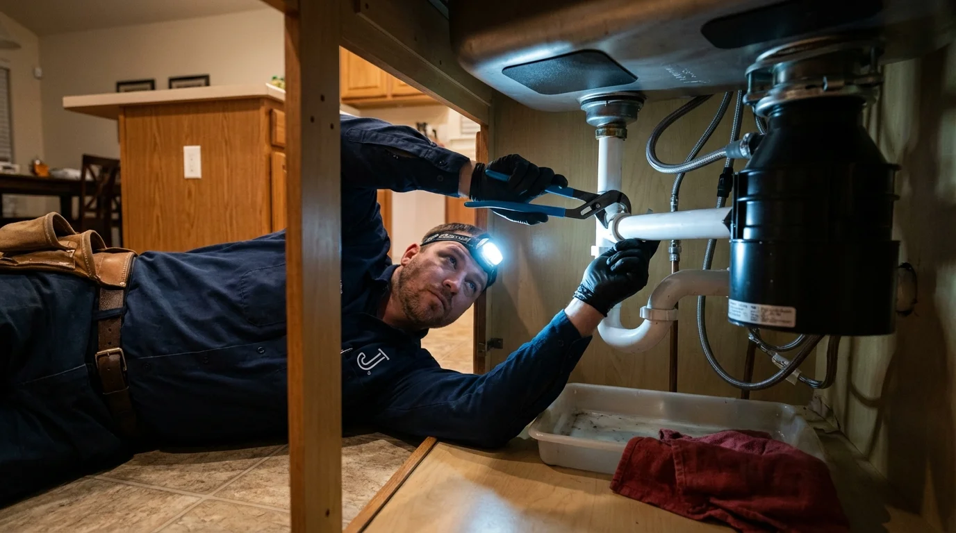 P-trap and supply line connections under a kitchen sink showing a common leak point in Union Springs, AL